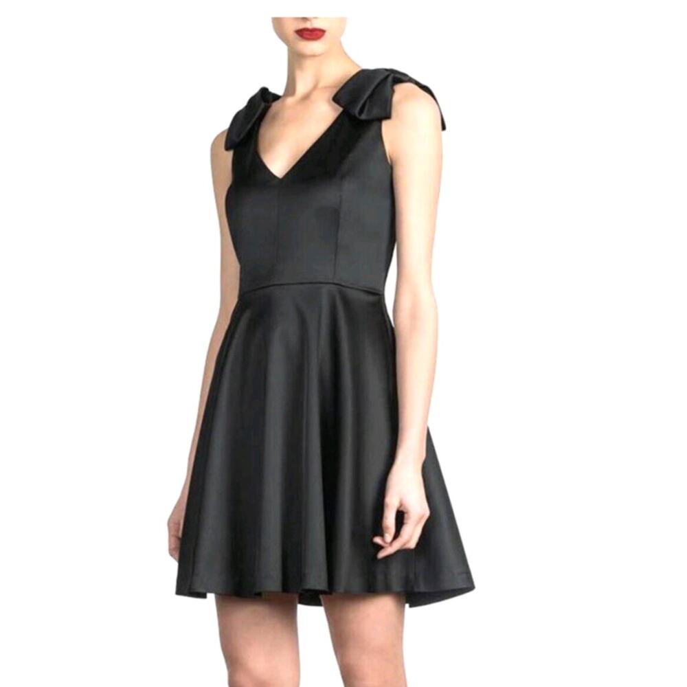Shoshanna Satin Fit & Flare Cocktail Dress Black Bow Shoulder Size 6